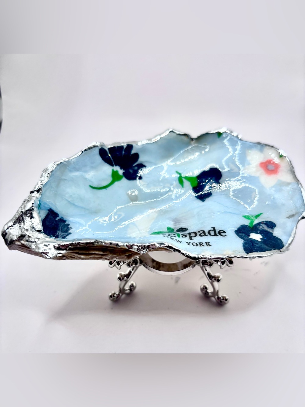kate spade Sky Blue Floral Trinket Oyster Dish with Silver Edge